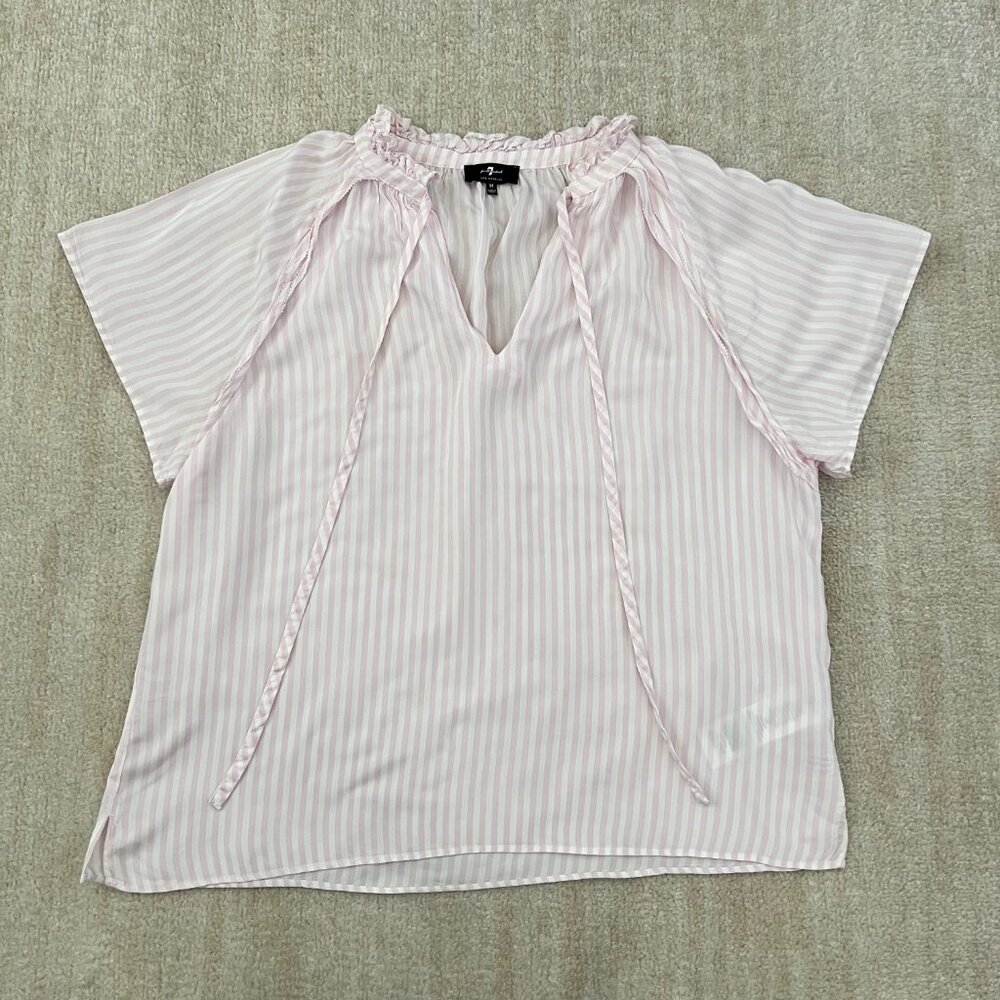 7 For All Mankind Summer Boho Flowy Stripe Peasant Blouse Top M Pink White